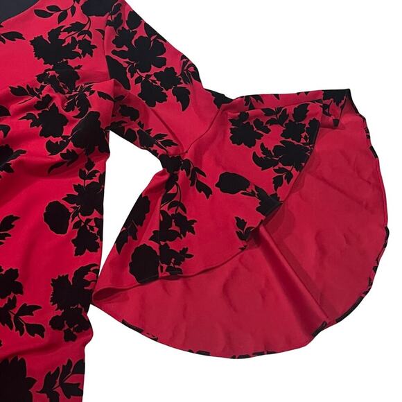MSK Dress 20W Knee Length Red Black Velvet Floral 3/4 Bell Sleeves - Picture 7 of 8